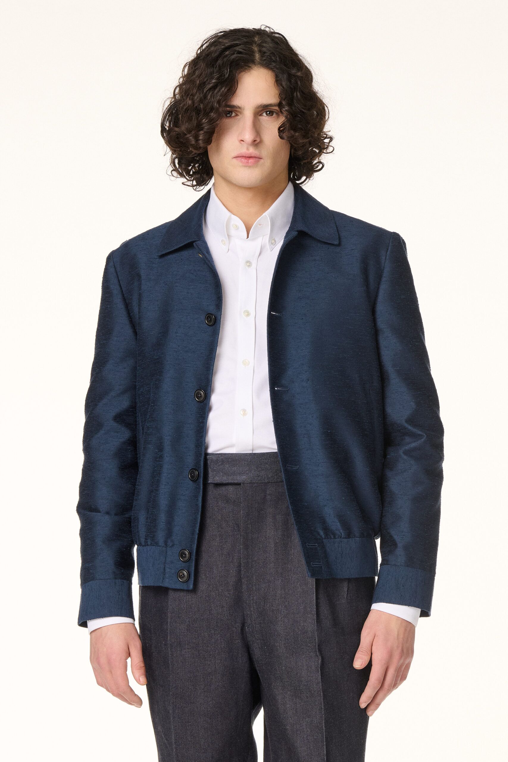 Blouson Shantung de Soie Bleu Marine