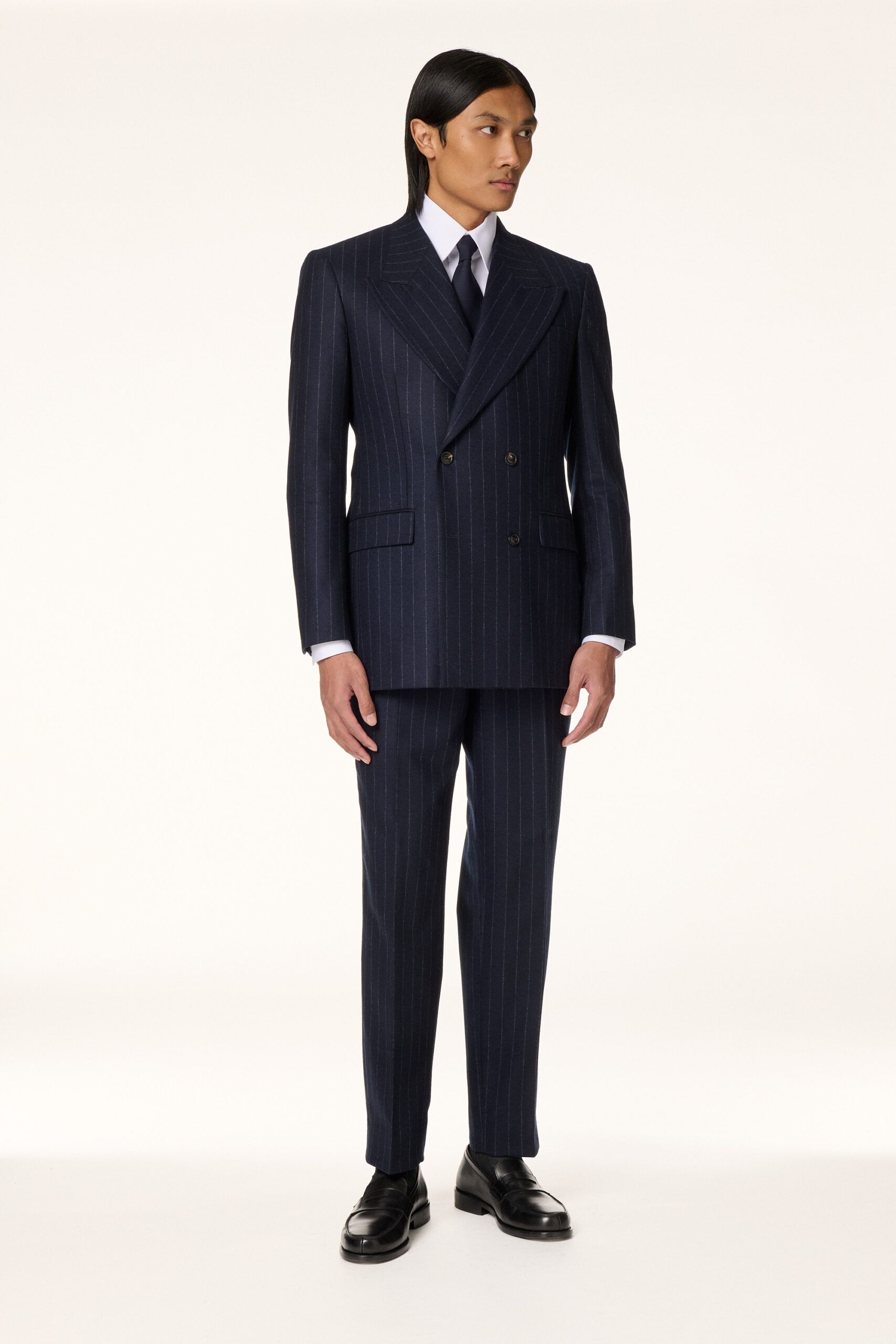 Navy Blue Flannel Double-Breasted Suit with Chalk Stripes