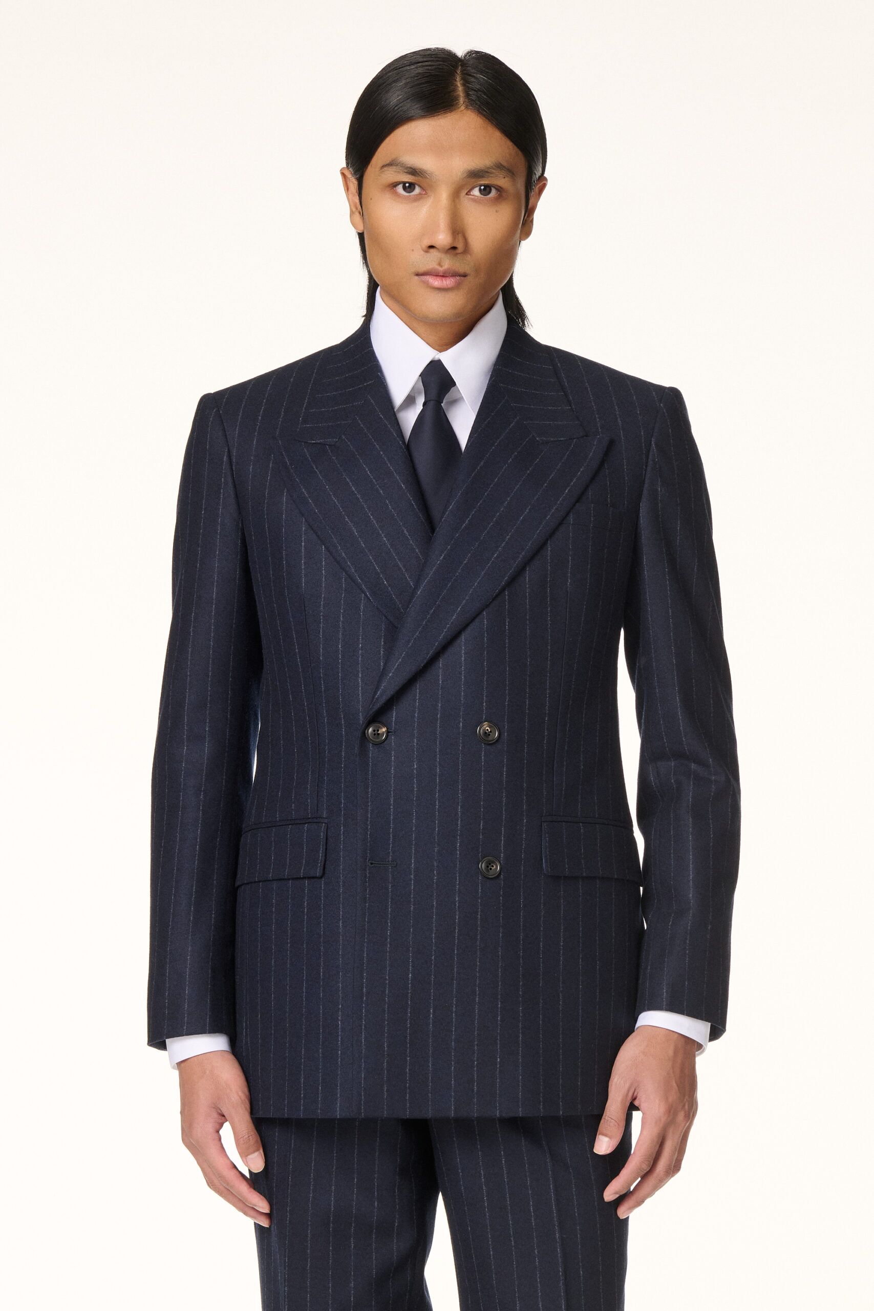Navy Blue Flannel Double-Breasted Suit with Chalk Stripes