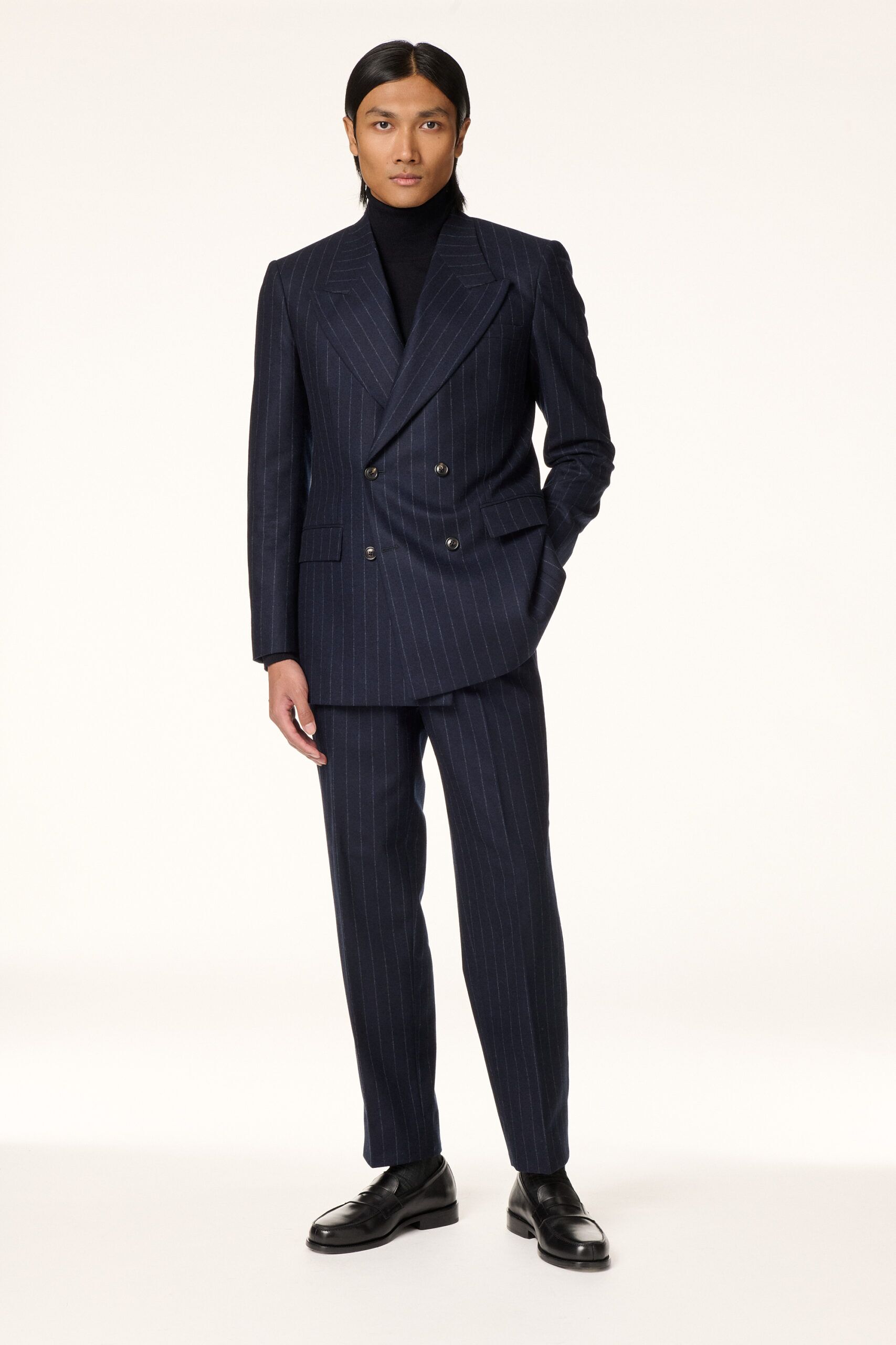 Navy Blue Flannel Double-Breasted Suit with Chalk Stripes