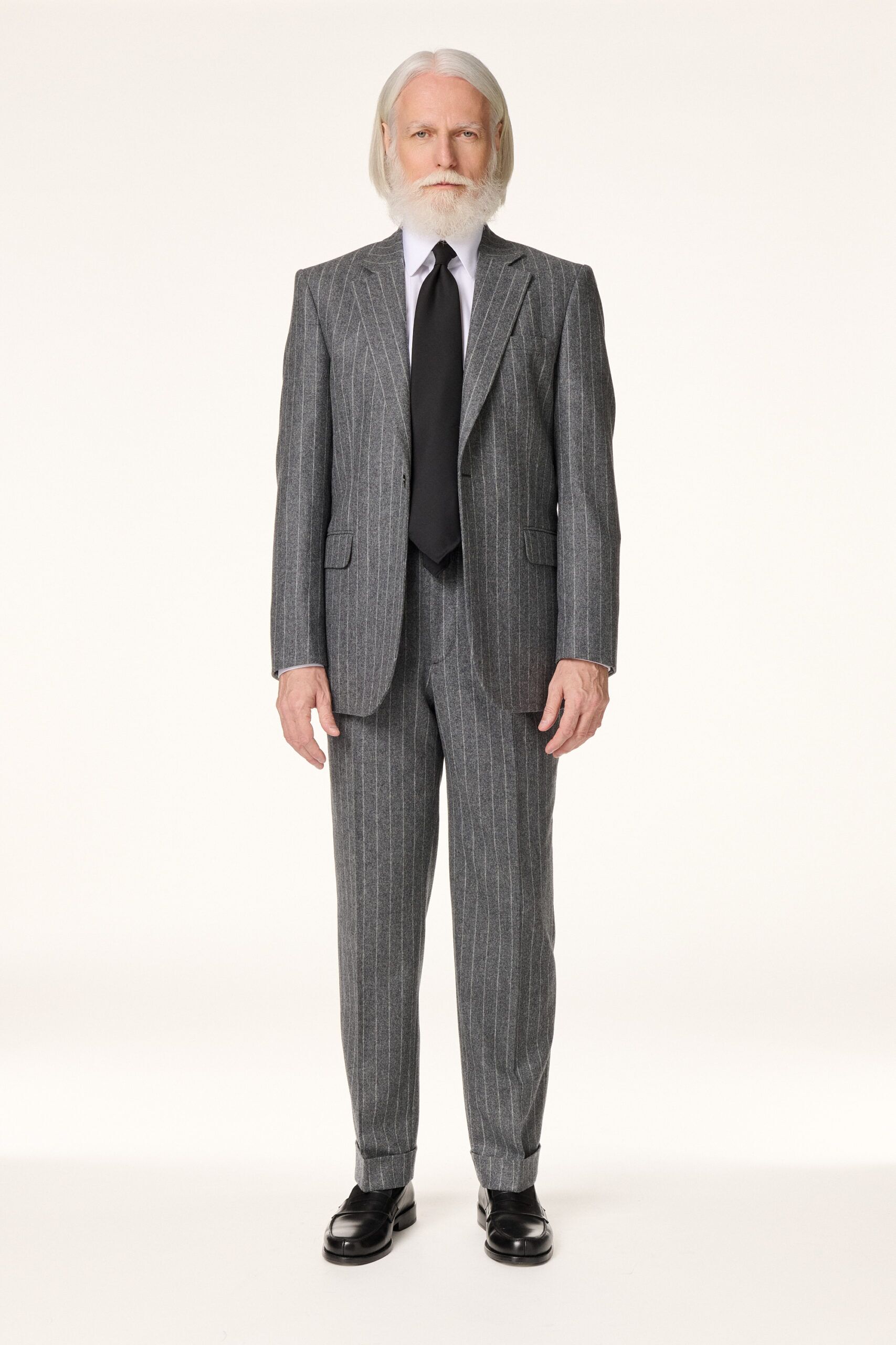 Costume Flanelle Gris Moyen Rayures Craie