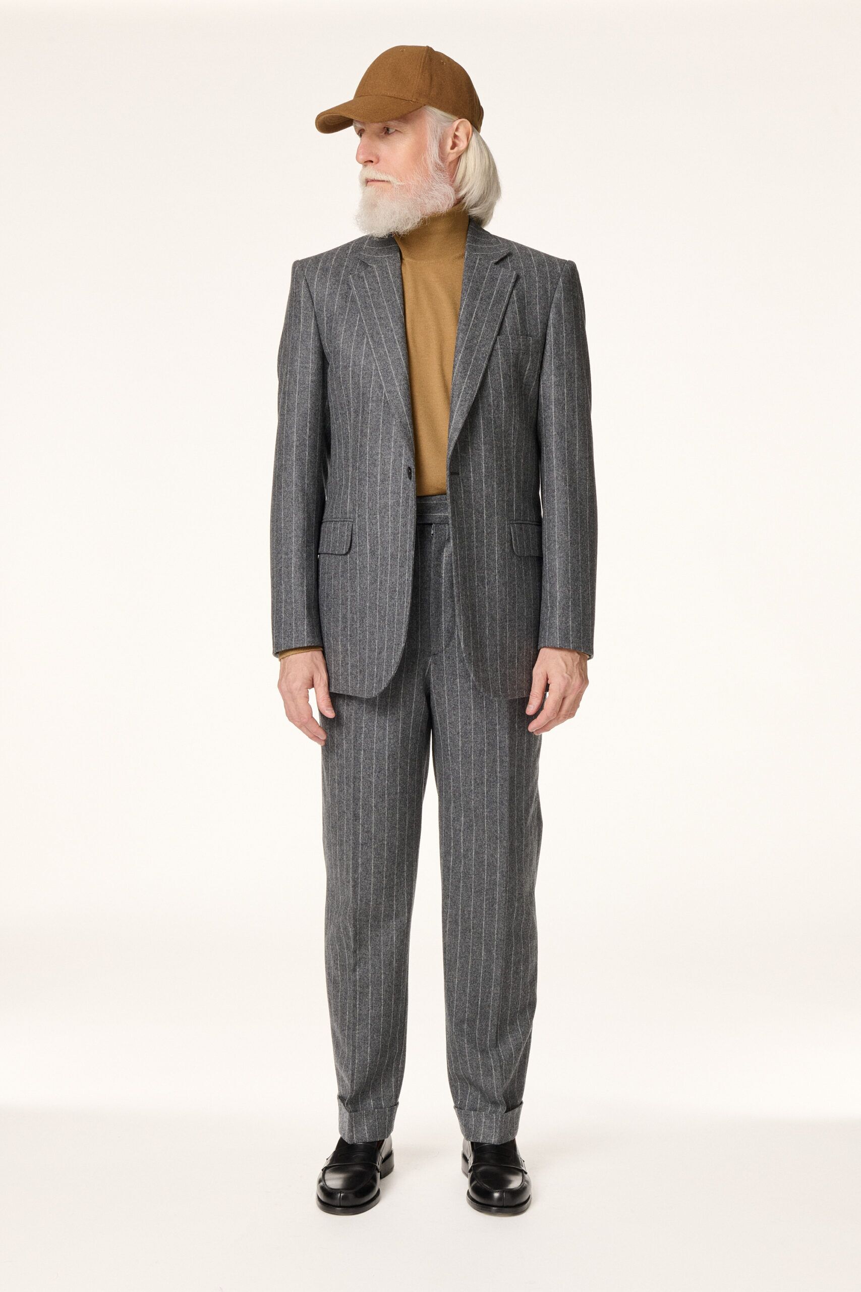 Costume Flanelle Gris Moyen Rayures Craie
